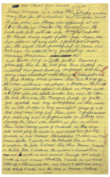 Moe Howard's Handwritten Manuscript Page When Writing His Autobiography -- Moe Pranks Larry, Landing a Blueberry Pie Smack on His Head, ''a perfect bullseye'' -- Two Pages on One 8'' x 12.5'' Sheet